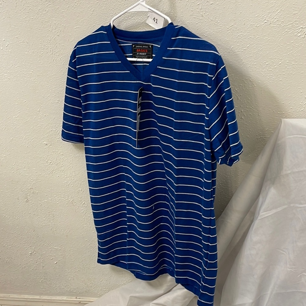 Basics Original Brand by Reset Men’s Size Large L Blue White Striped Shirt NWT X